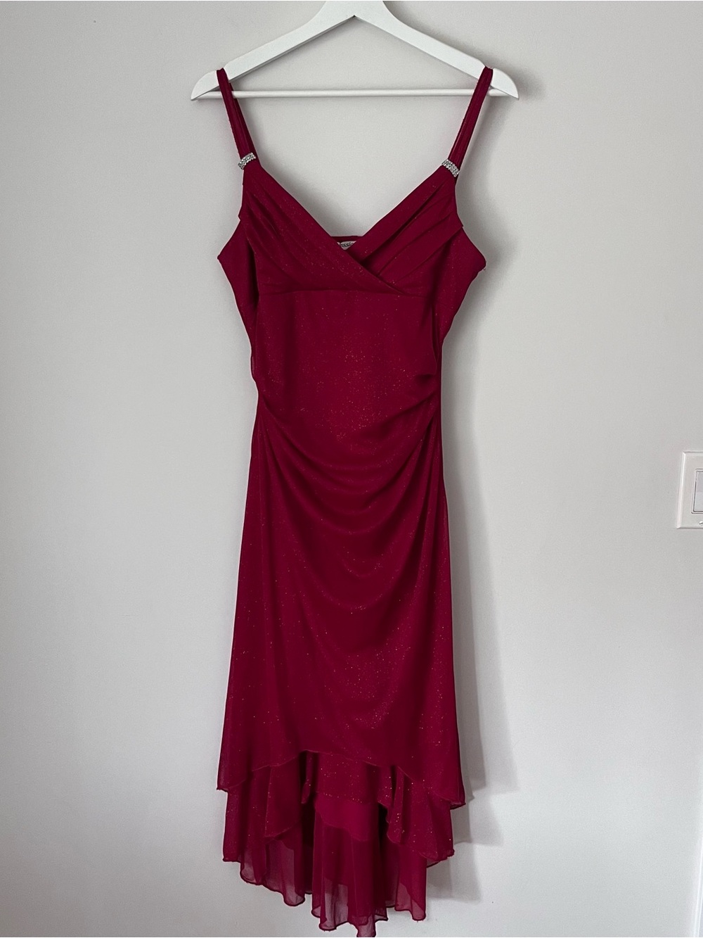 Jessica Red Sparkle Midi Dress with Draped High-Low Hem